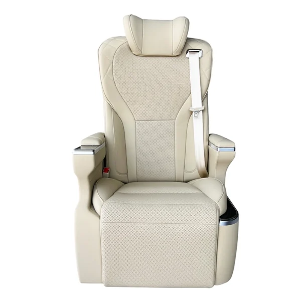 A premium VIP captain seat in beige Nappa leather, featuring an intricate diamond-quilted pattern and perforated center for ventilation.