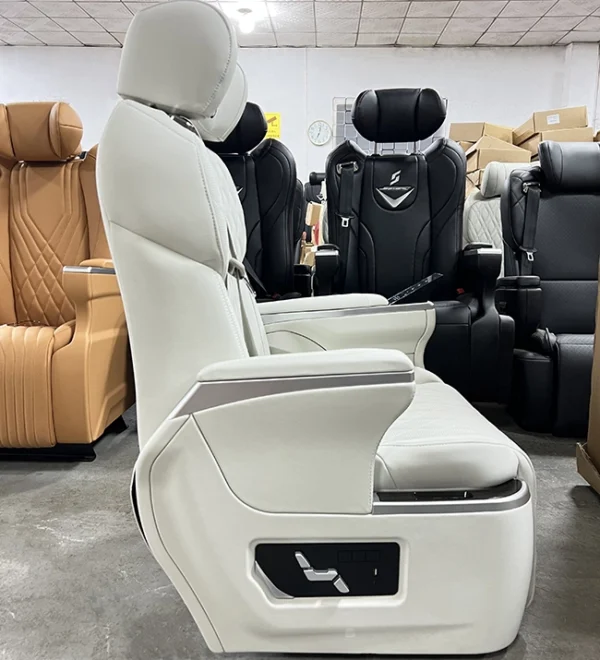 Side shot of white leather Sienta captain seat, new physical control buttons installed on armrest side