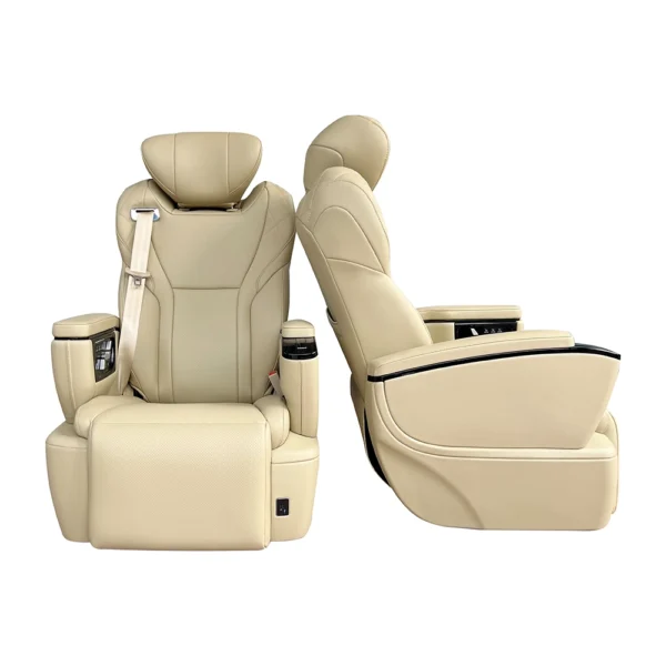 Front and side profile of a premium car luxury seat, showcasing its ergonomic design and high-quality leather finish.