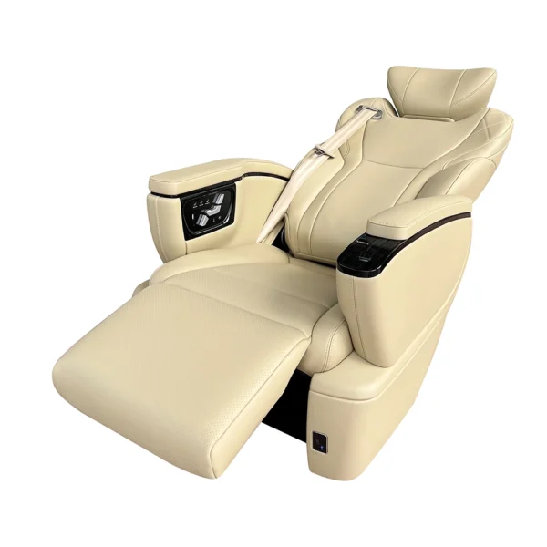 A car luxury seat in full recline position with leg rest and backrest extended for maximum passenger comfort.