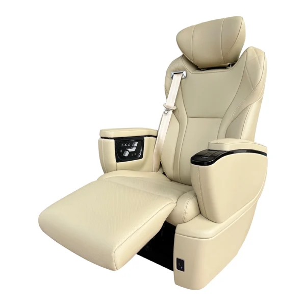 A premium car luxury seat featuring an extended leg rest for enhanced comfort in VIP vehicle interiors.