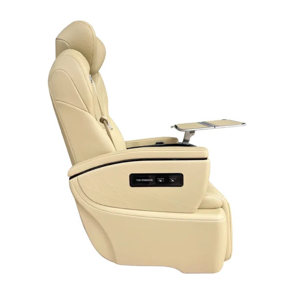 Side view of a car luxury seat showing the integrated VIP-THRONE control panel and a convenient foldable work table.