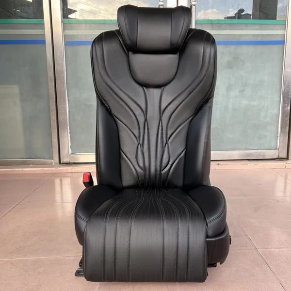 Front shot of luxury leather passenger seat with unique embossed stitching, customizable stitch patterns