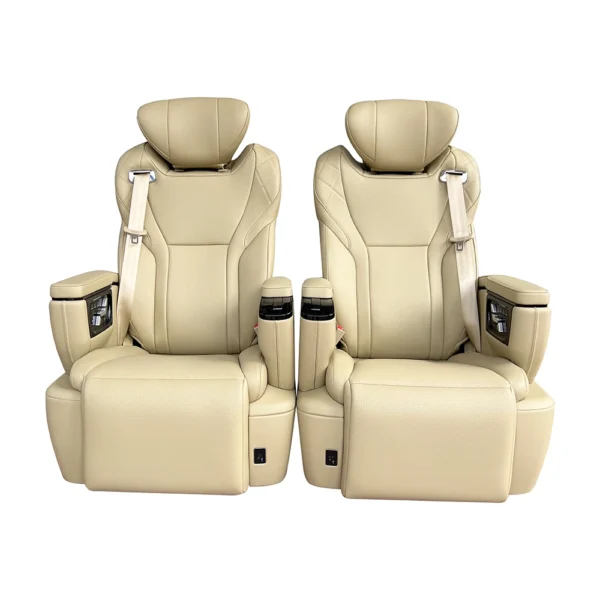 A pair of beige car luxury seats side-by-side, designed for high-end vehicle interior upgrades and VIP passenger comfort.